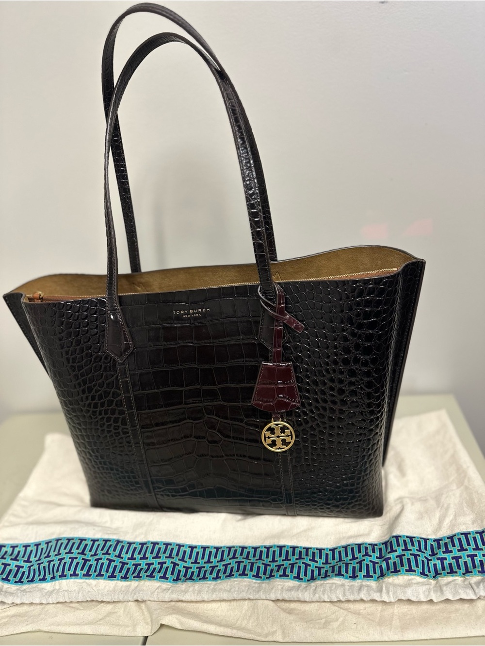 Tory Burch Croc-Embossed Dark Brown Tote with Gold Logo Charm - Picture 10 of 10